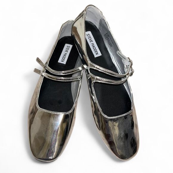 STEVE MADDEN Silver Faux Patent Leather Alisah Ballet Flats - Picture 12 of 14